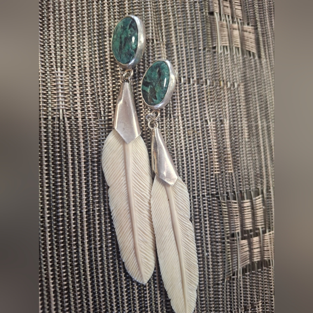 Solomon Green Stone and White Marble Feather Drop Earrings